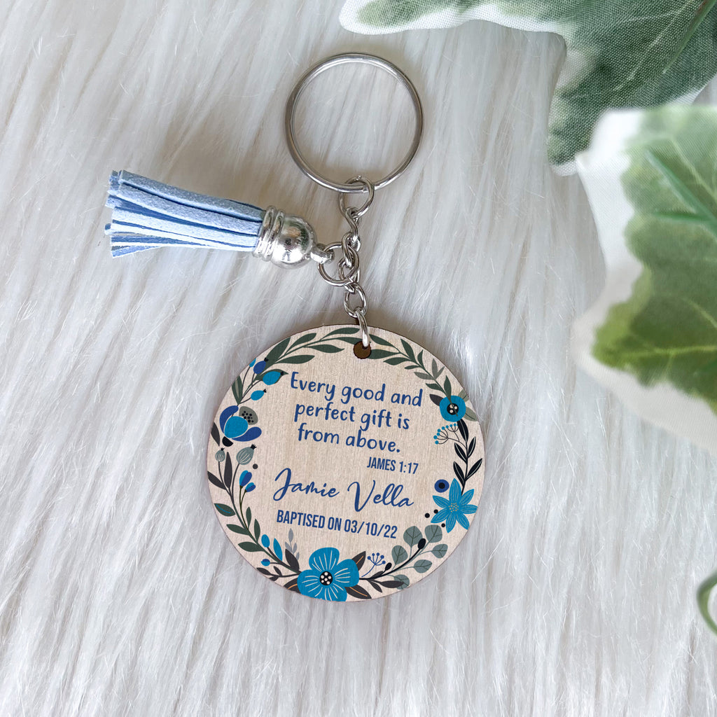 Baptism Keychain - Floral Blue Wreath