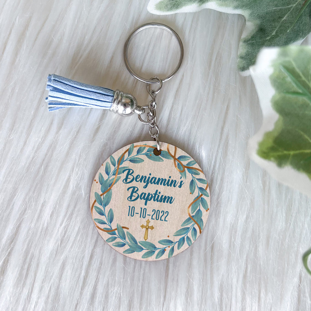 Baptism Keychain - Golden Blue Wreath