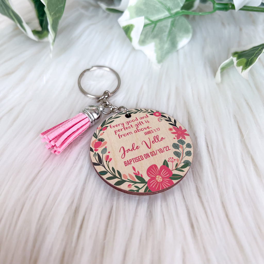 Baptism Keychain - Floral Pink Wreath